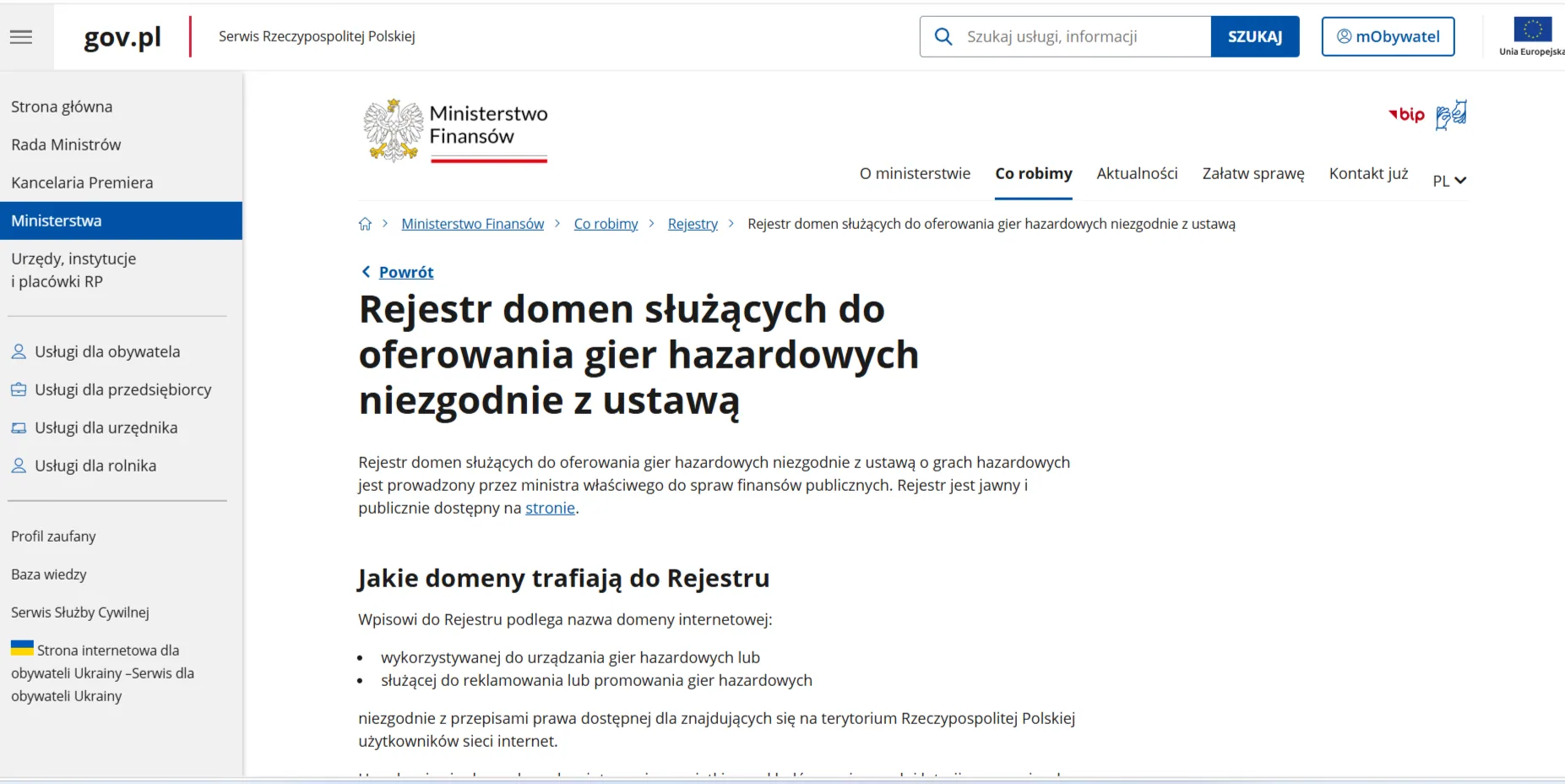 Zrzut oficjalnej strony Ministerstwa Finansów opisującej rejestr domen hazardowych i skutki wpisu do rejestru