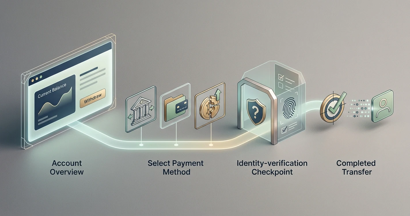Neutralny schemat wypłaty od konta przez wybór metody i możliwą weryfikację KYC do realizacji bez podawania czasu ani limitów